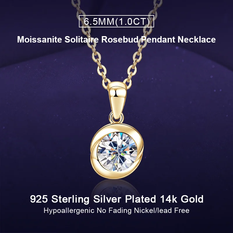 IOGOU Solitaire Diamond 6.5MM 1CT D Moissanite Rosebud Pendant Necklace for Women Real 925 Sterling Silver Jewelry Bithday Gift