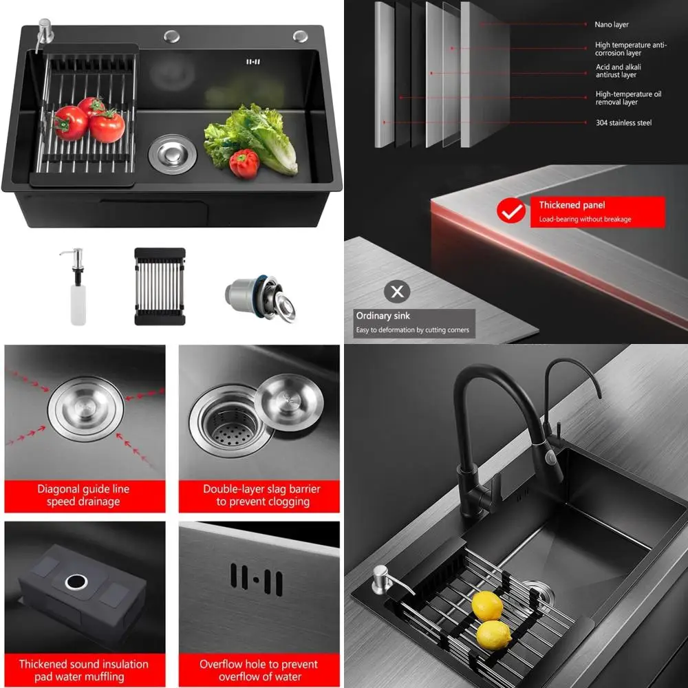 

Stainless Steel 16 Gauge Single Bowl Kitchen Sink, 3 Hole Drop-In/Topmount, Black, Farmhouse Style Workstation Sink