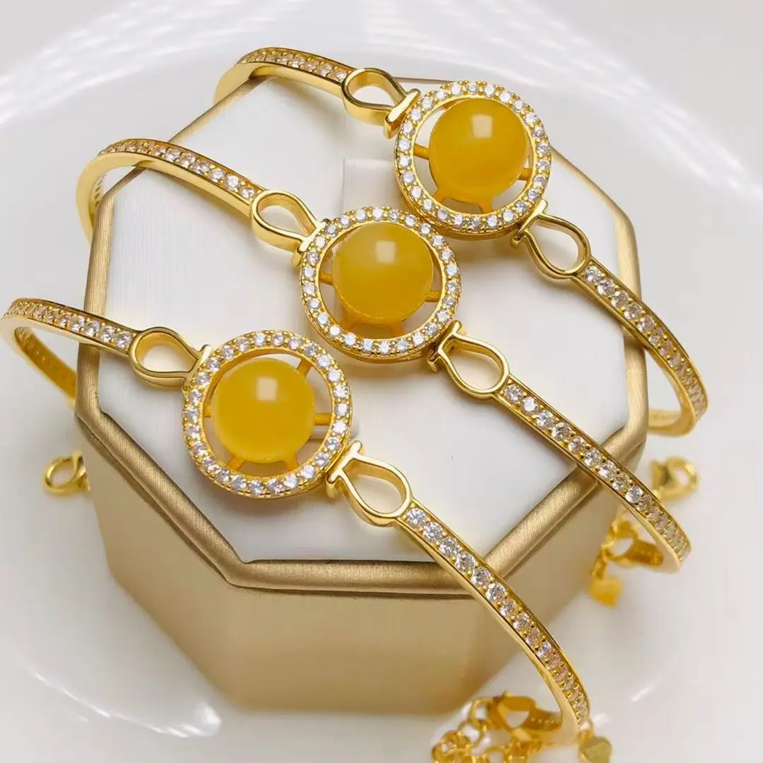 

Pure Silver Inlaid Natural Amber Bracelet 10mm Round Bead Halo Setting Design