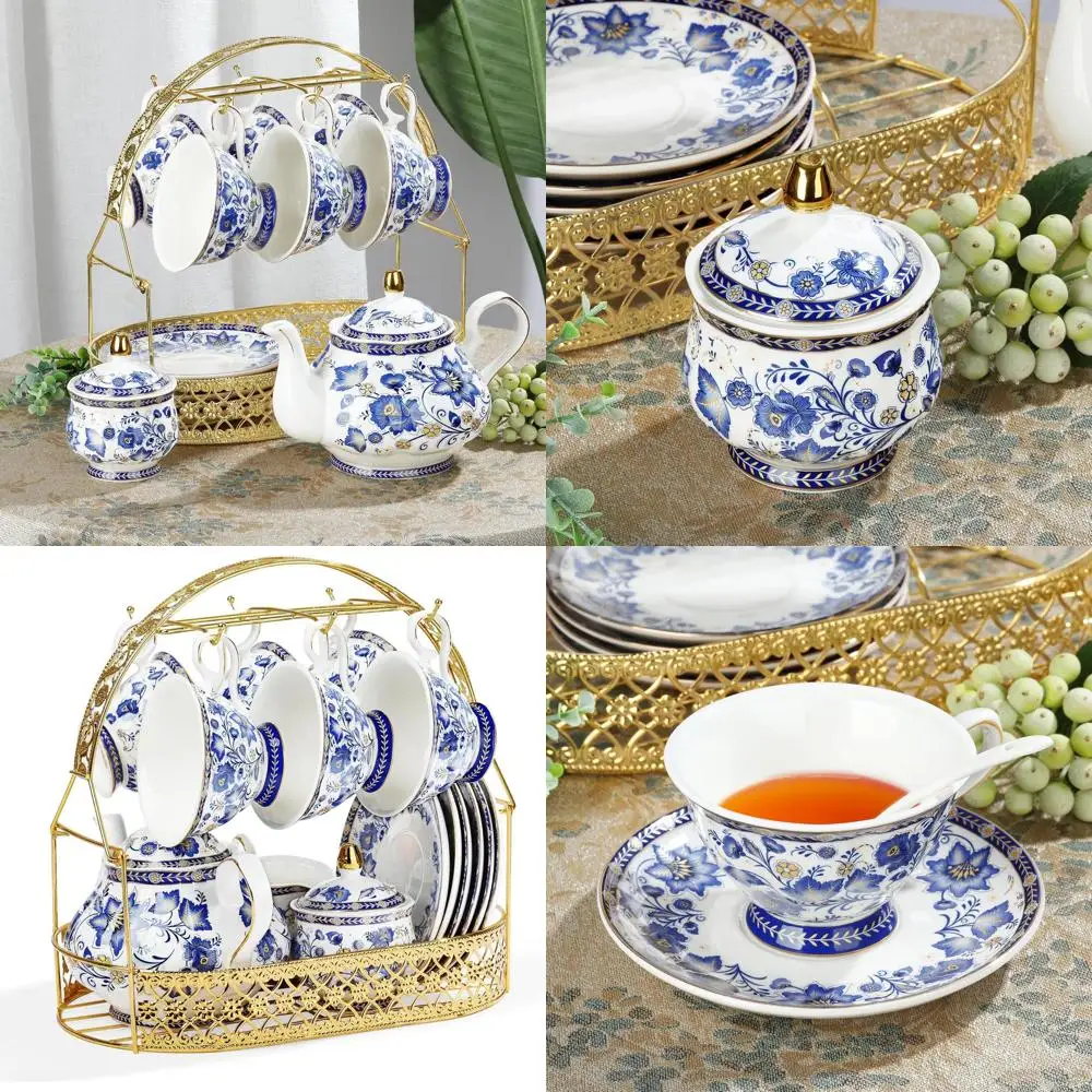 

Синий фарфоровый чайный сервиз с 6 чашками, блюдцами, чайником, сахарницей, молочником и металлической подставкой