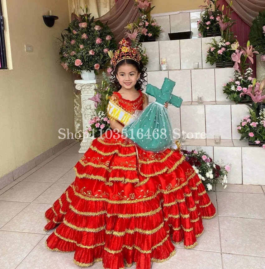 Mini vestidos de quinceañera rojos festivos, apliques de cuentas, borla, Poncho con volantes, vestidos de fiesta de Halloween, vestidos de niña de flores