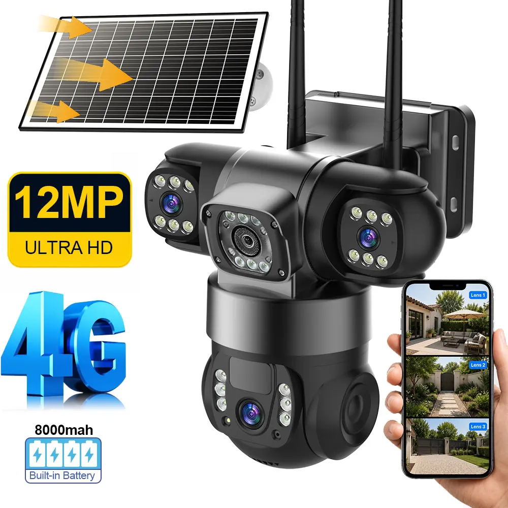

Triple Lens Solar 4G Security Camera, with 8W Solar Panel & 4x 18650 Battery&4G SIM Card (No SD Card)