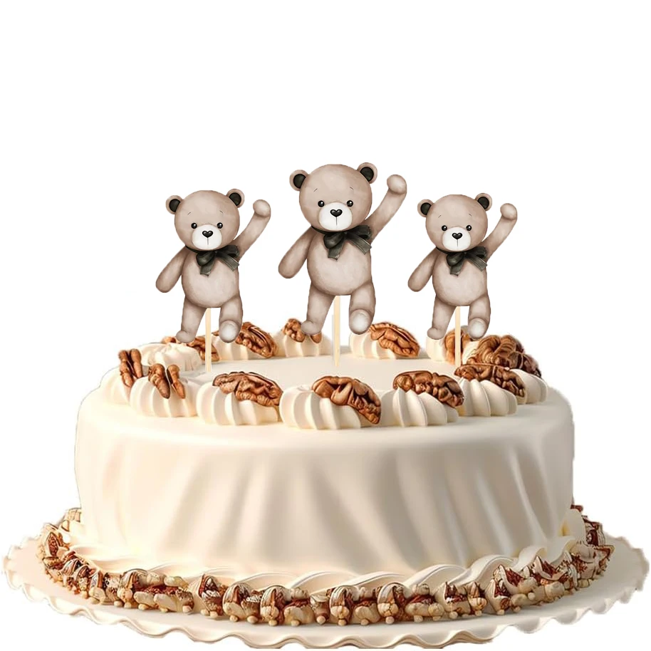 10Pcs Teddy Bear Cake Topper Brown Wave Hand Bear Cupcake Topper for Cake Decoration Wedding Baby Shower Birthday Party Supplies