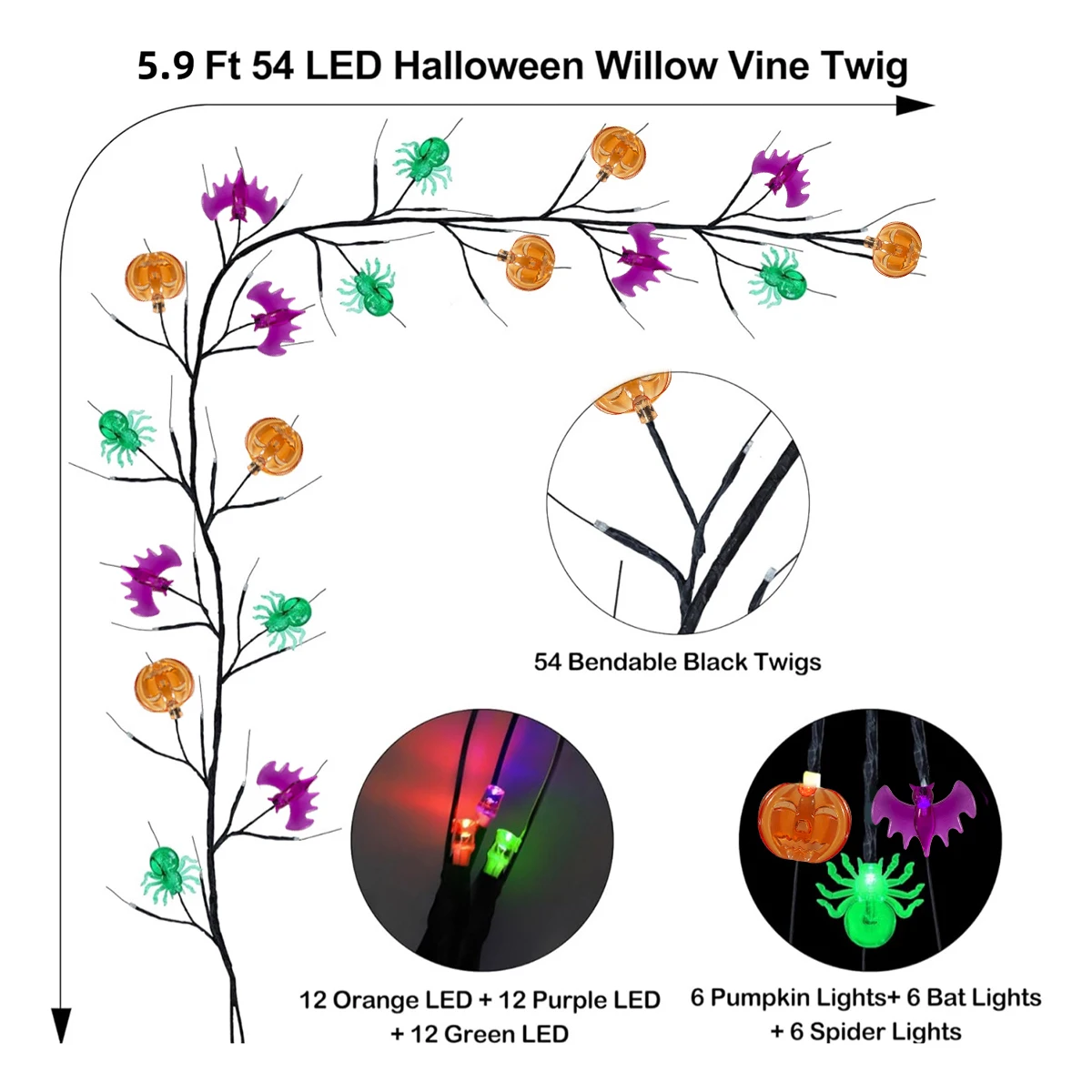 1PC 54LED Halloween Bendable Willow Vine Tree Lights Multicolor LED Pumpkin Spider Bat Lamp for Indoor Wall Corner Home Decor