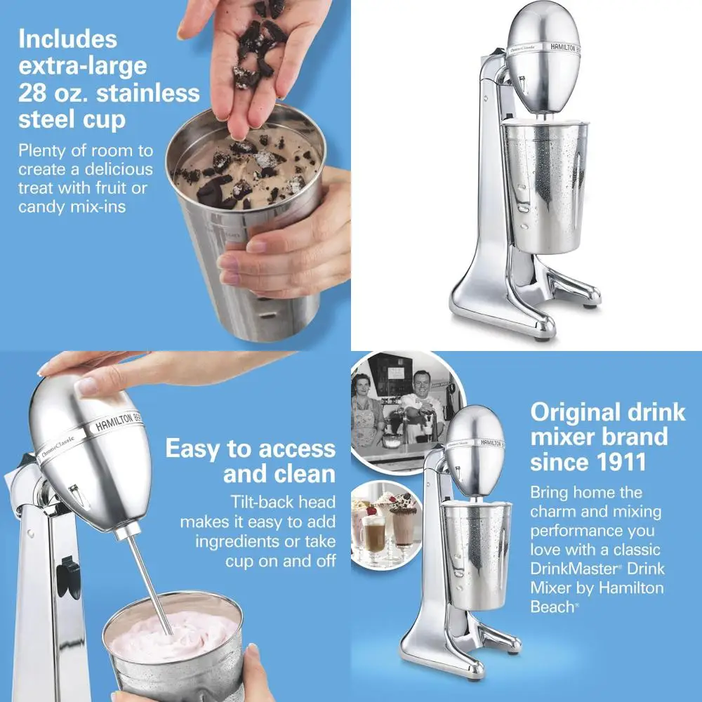 

Винтажный электрический миксер для напитков, блендер для молочных коктейлей и вспениватель молока, 2 скорости, 28 унций, нержавеющая сталь, классический хром