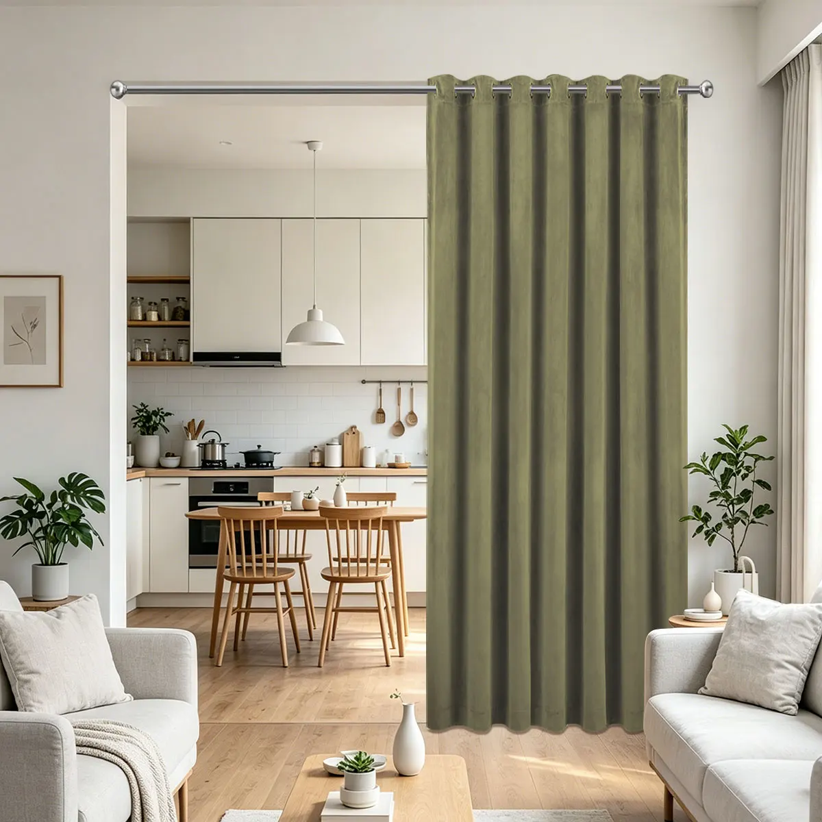 Olive Green Velvet Grommet Room Divider Curtain, Blackout Privacy Drape for Universal Living Room Doorway Balcony Decor