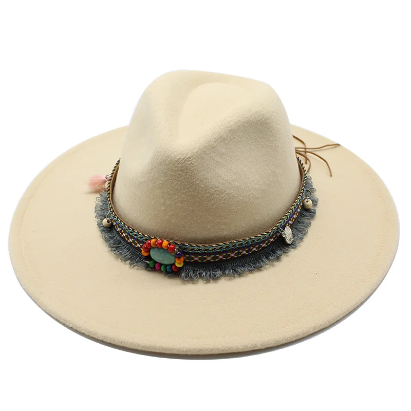 Chapeau en laine de style ethnique pour hommes et femmes, Fedora à large bord, chapeau d'église, chapeau de jazz à grand bord, transfrontalier, automne et hiver, 9 cm, 5cm