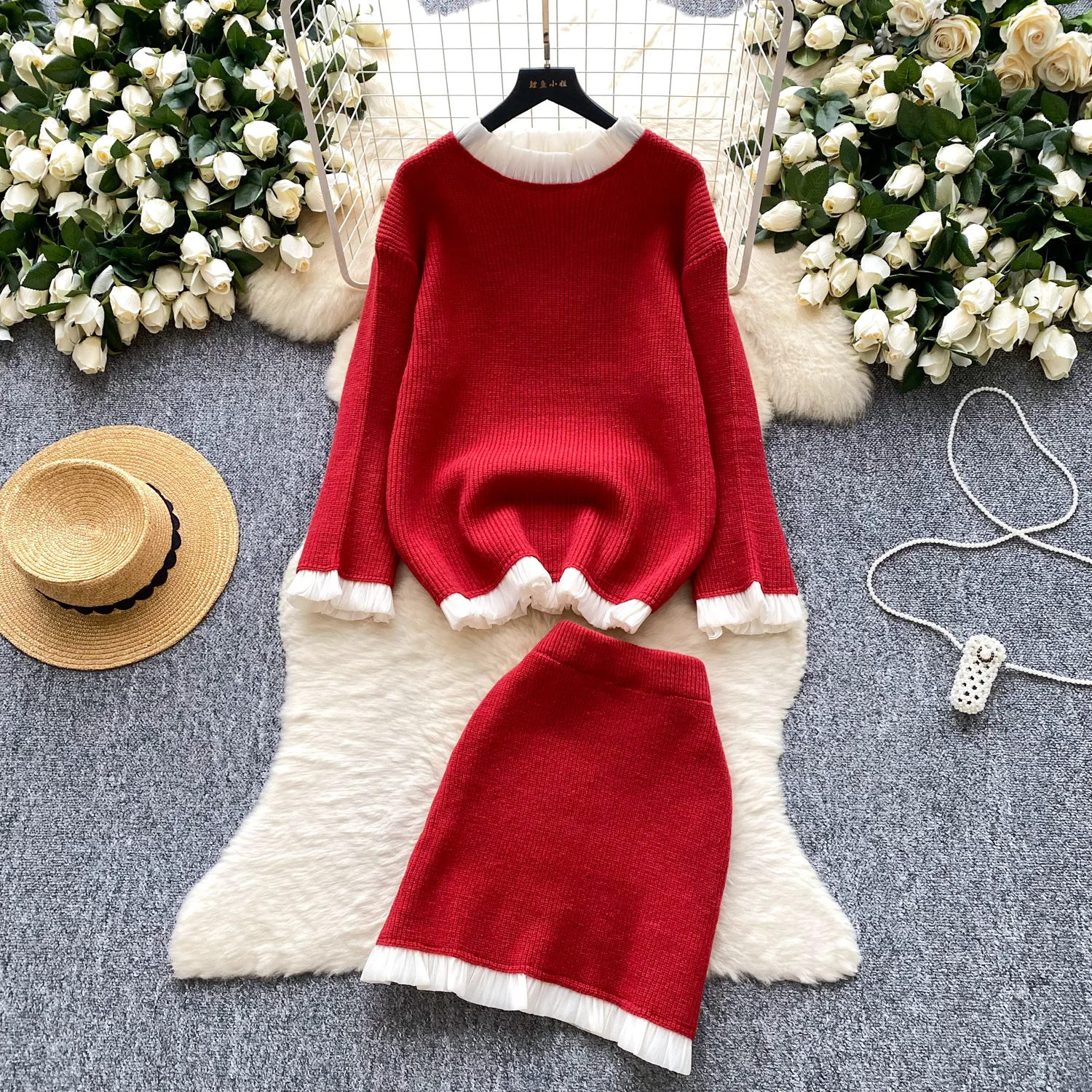 

Women Two Piece Sets Skirt Set Round Neck Full Sleeve Knitted Tops Short Skirts Wrap Hip High Waist Y2k Streetwear Elegant