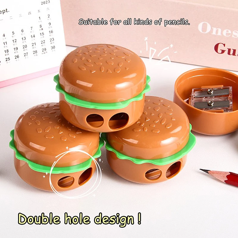 Sacapuntas con forma de hamburguesa de dibujos animados creativos, herramientas de corte de lápiz con agujeros dobles, suministros escolares, regalos de papelería para estudiantes