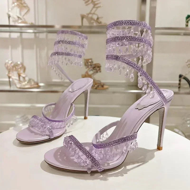 

Women Luxury High Heels Sandals Elegant Pumps Crystal String Bead Ankle Strap Snake Twine Around Wedding Party Thin Heels Shoes