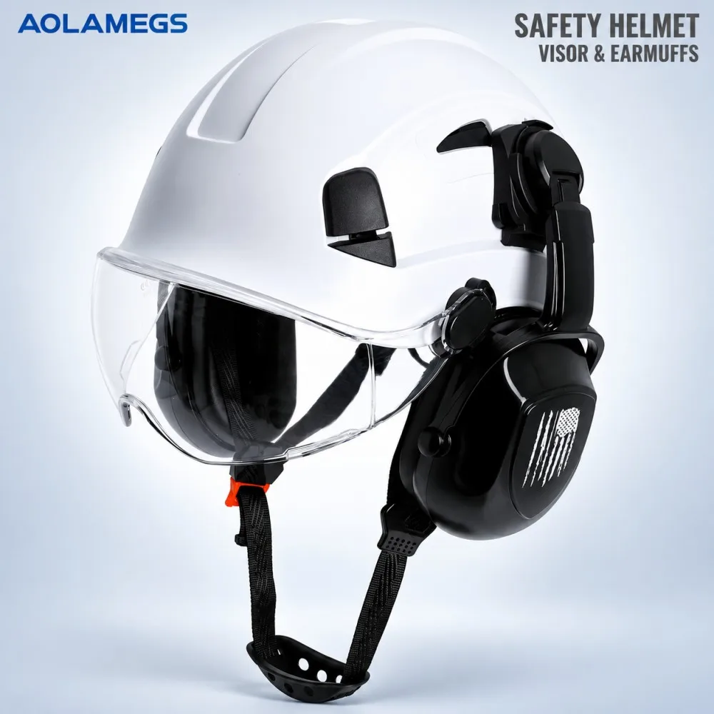 Aolamegs Safety Helmet with Clear Visor & Detachable Earmuffs, Construction Hard Hat for Industrial Work and Head Protection