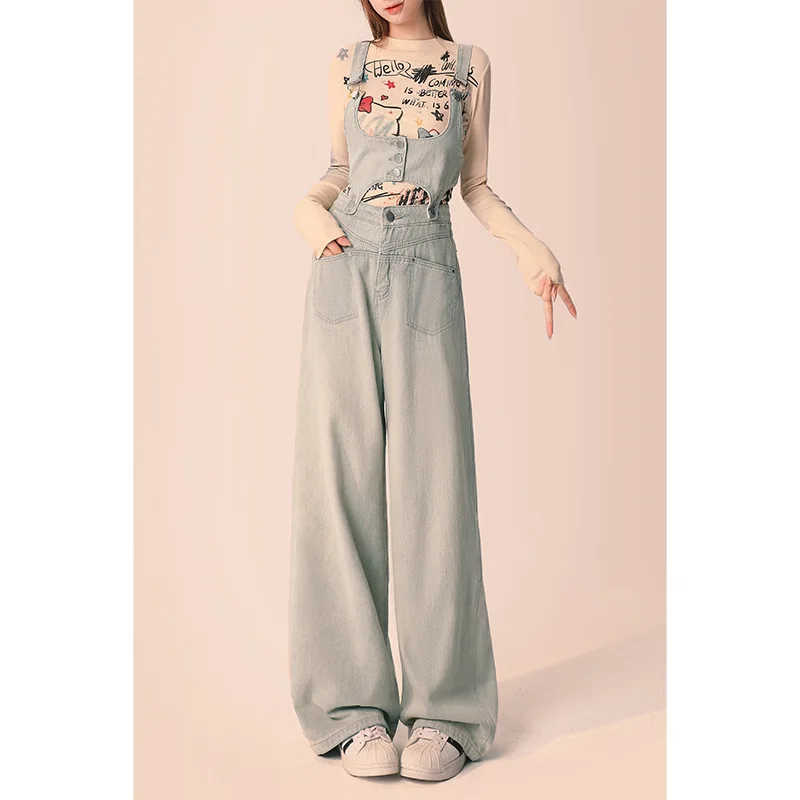 

Detachable Light Colored Denim Overalls For Women's Spring And Autumn 2024 New Loose Wide Leg Long Pants