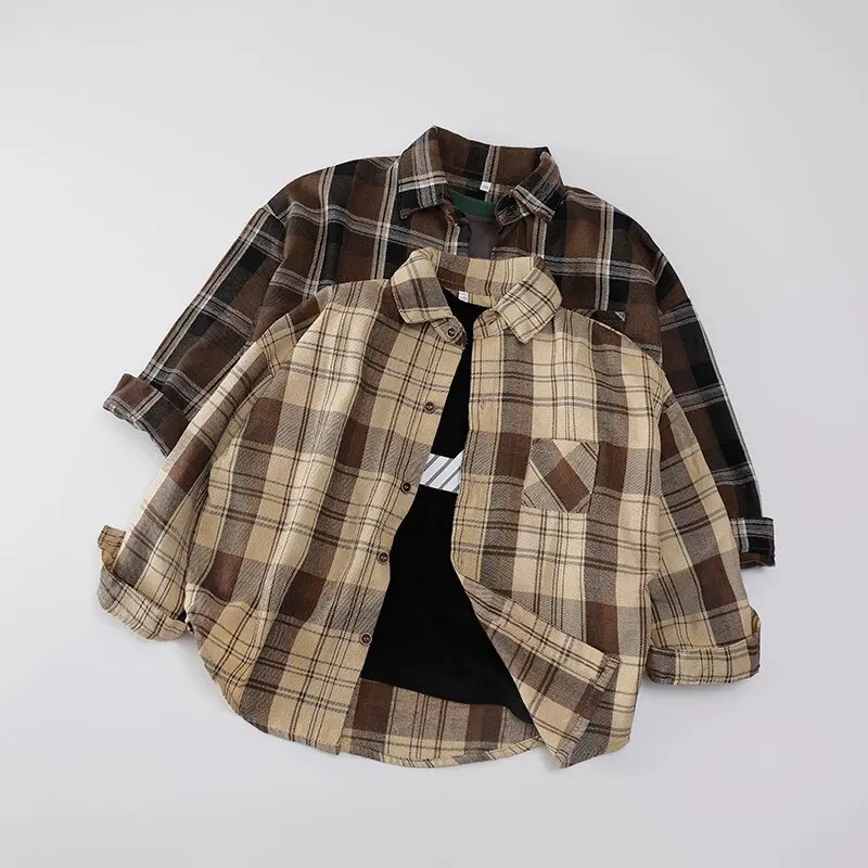 1PCS Autumn Blouses & Shirts New Spring Boy Shirt Plaid Long-sleeved Children's Fashion Tops Boys Handsome Spring Jacket Shirt