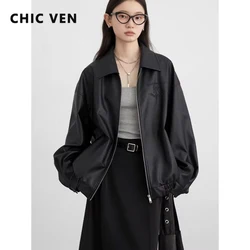 CHIC VEN Women Jacket Black Loose BF Style Embroidered PU Leather Female Overcoat Oversized Coat For Girl Spring Autumn 2024