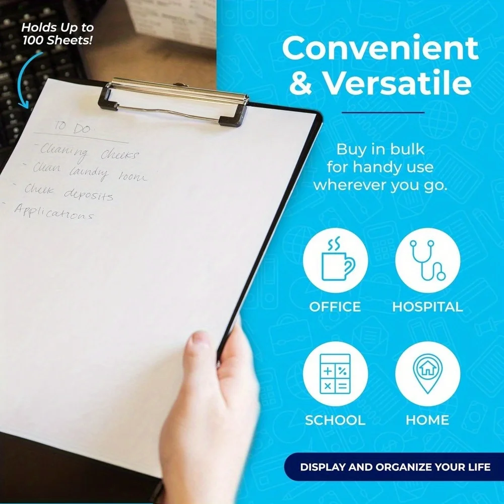 قطعة واحدة من الحافظة البلاستيكية السوداء، حافظة مقاس 12 × 8 بوصة تحمل 80 ورقة، لوحات مشبك سوداء منخفضة المستوى بكميات كبيرة للكتابة، مشبك لوحة