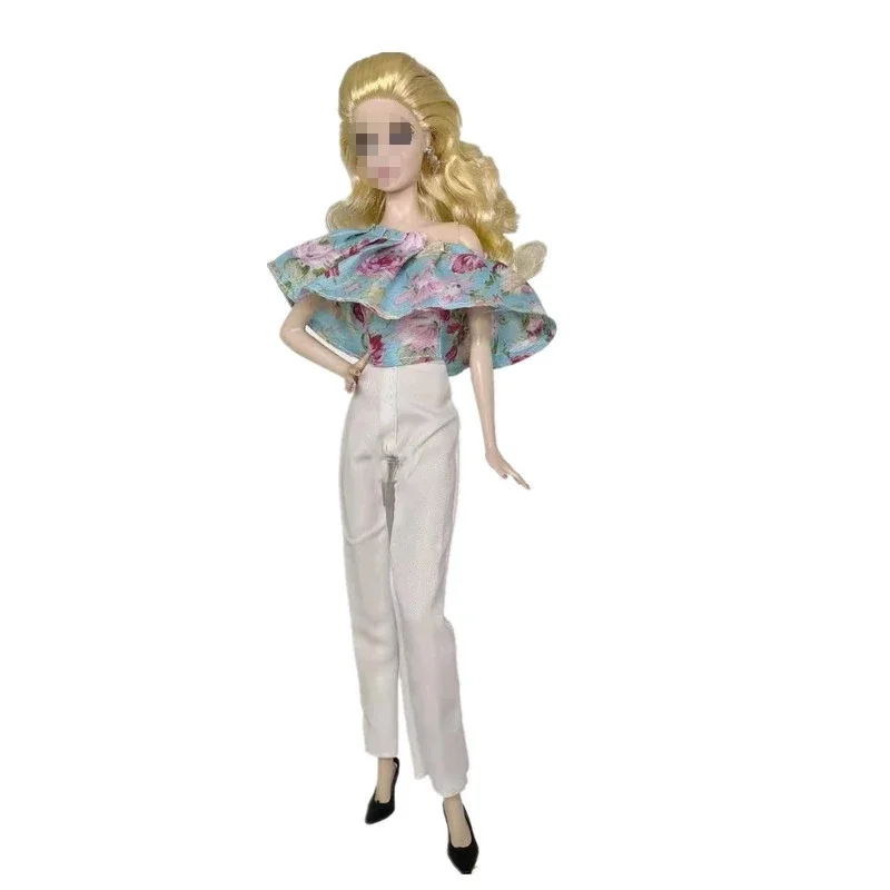 

Fashion Light Blue Floral Ruffled Shirt Pants For Barbie Doll Clothes Princess Outfits Top Trousers 1/6 BJD Accessories Kids Toy