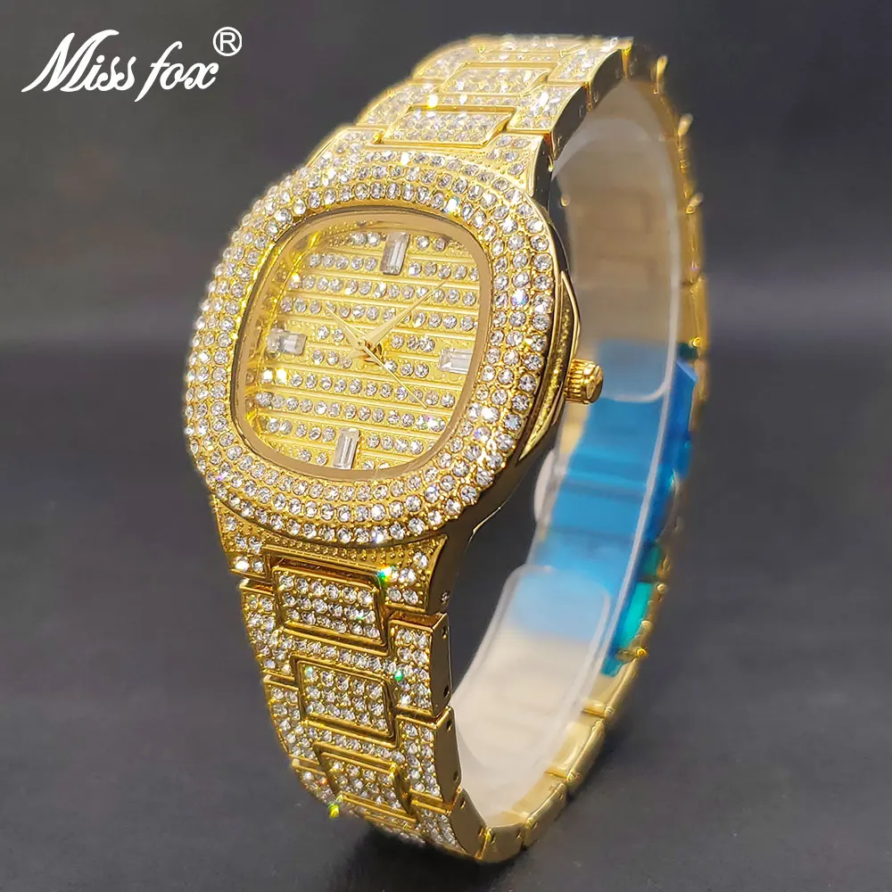 36mm Quartz Watch For Women Luxury Gold Full Diamond BlingBling Iced Ladies Watches Mini Square Dial Clock Female Drsopshipping