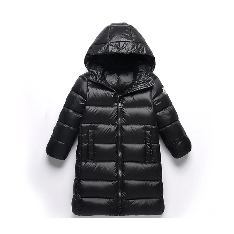 Kids Winter Warm Thicken Duck Down Jacket Long style 100-170 cm Overcoat Girl Boy Outwear Hooded Snow Wear Red Black