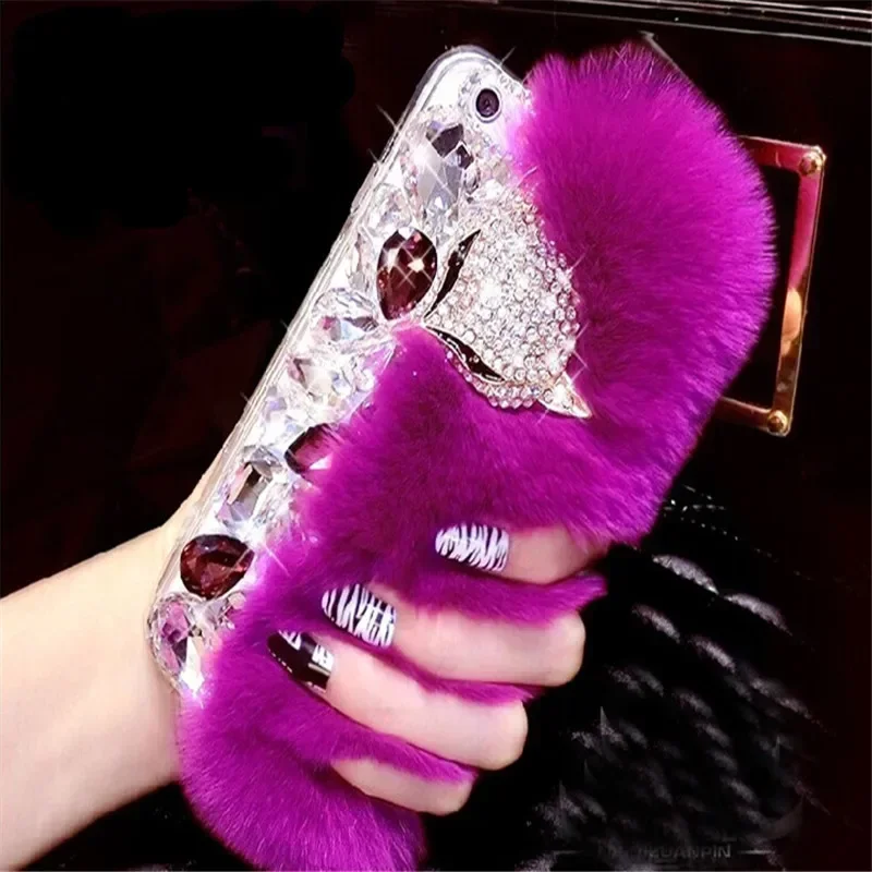 LaMaDiaa-Luxury Bling Diamond Soft Fur Case, Fox Head Phone Case for iPhone, 15Plus, 14, 16, 12, 13 Pro Max, XR, XS, 15, 16Plus