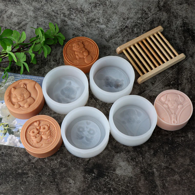 Runde Relief Tier Katze Hund Modellierung Silikon Seife Form DIY Igel Panda Kerze Fondant Schokolade Backform