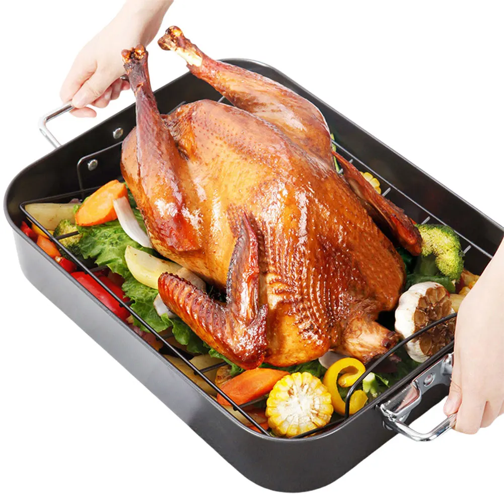 

Deep Roasting Tin with Rack Dishwasher Safe Baking Pan High Temperature Resistance Carbon Steel Roaster for Cooking Baking Parts