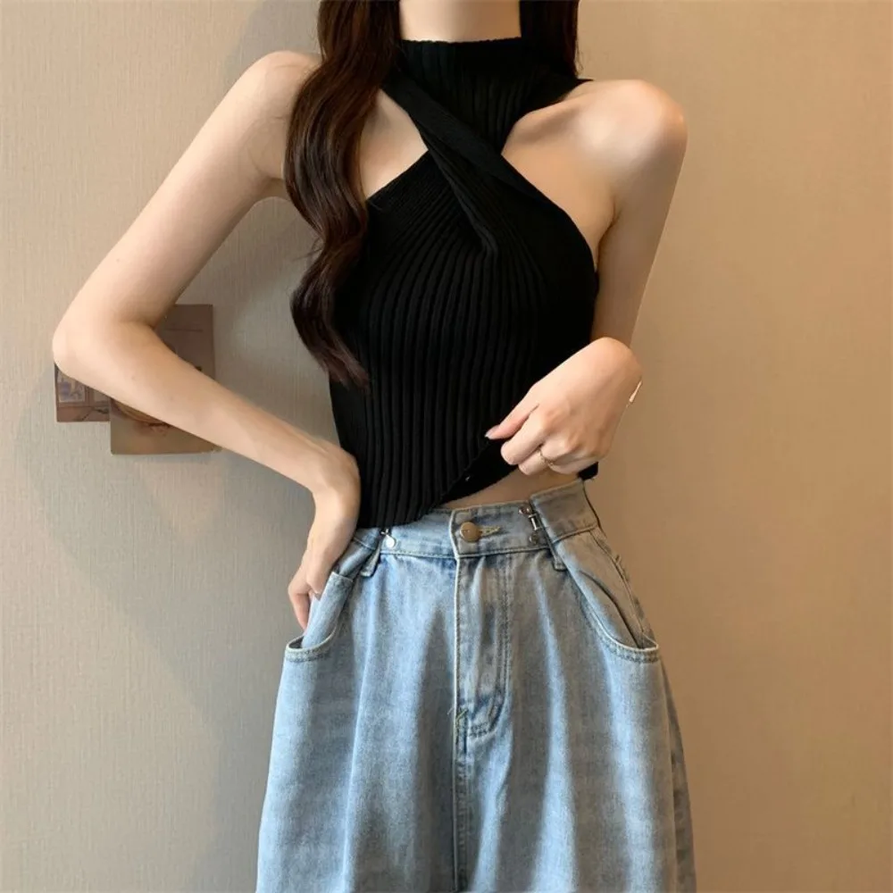 New Spice Girl Sexy Cross Knitted Sling Slim Outerwear Crop Top Summer Casual Short Top Outdoor