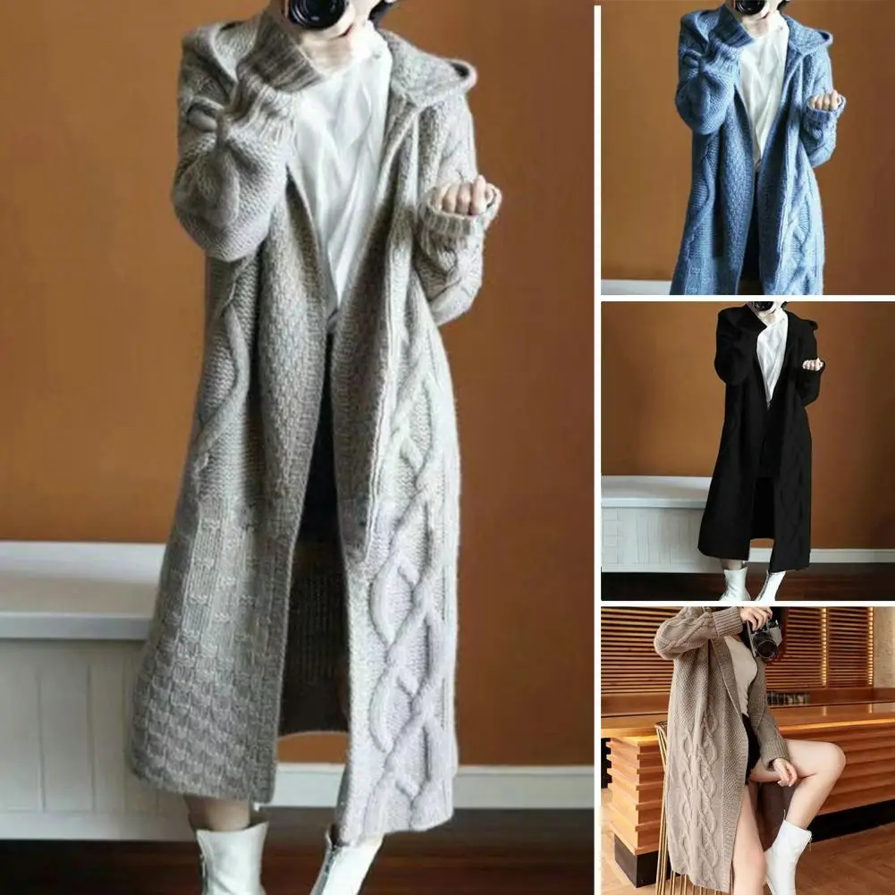 

Casual Women Jacket Cozy Women's Knitted Hooded Sweater Coat Thick Mid-calf Length Loose Fit Soft Autumn Jacket Sweater Jacket