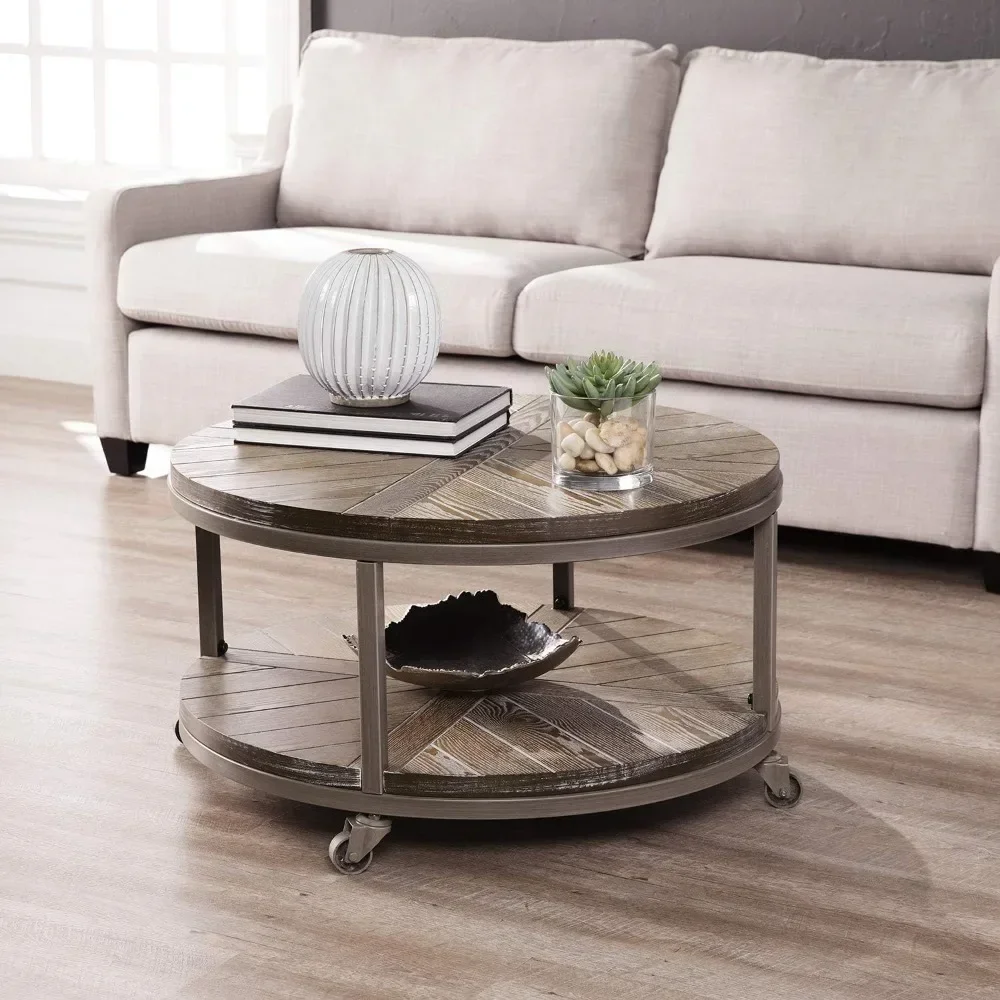 Industrial Round Coffee Table, White-limed Burnt Oak/Distressed Gray Center Table