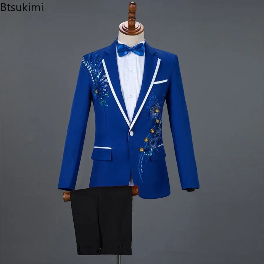 2025 Fashion Sequin Embroidery Suit Men Wedding Groom Tuxedo Suits and Pants 2PCS Sets New Men Single Button Lapel Stage Costume