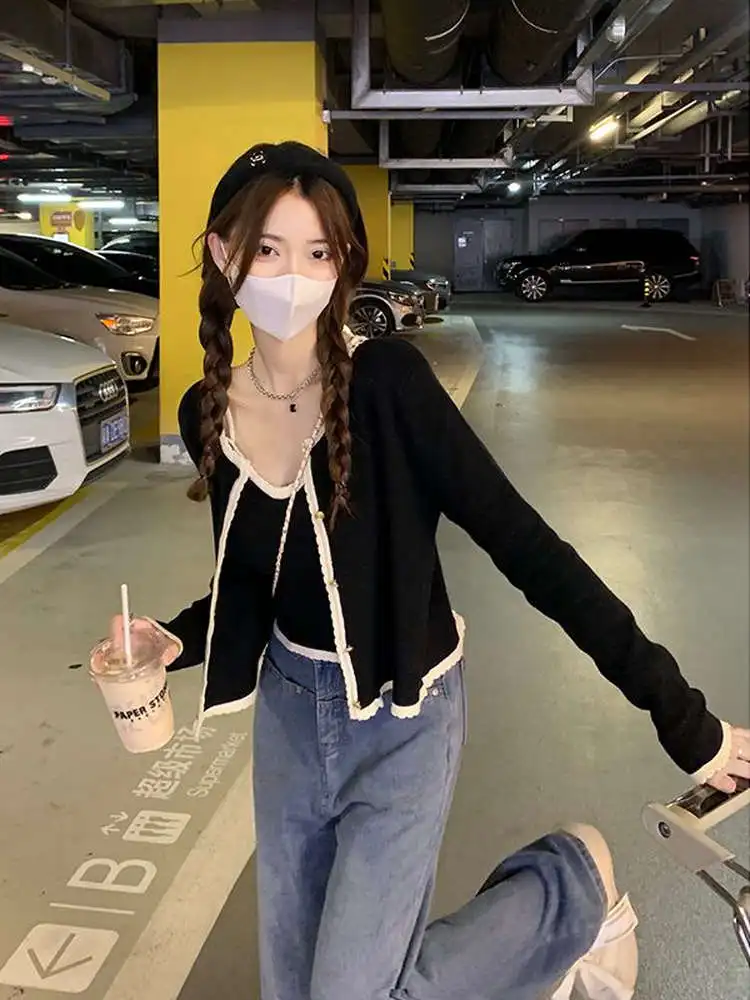 Chic Korean Sle Women's Long Sve Crop Top And Vest Set Slim Fit Casual Outfit Two Piece Ensemble Autumn Faion