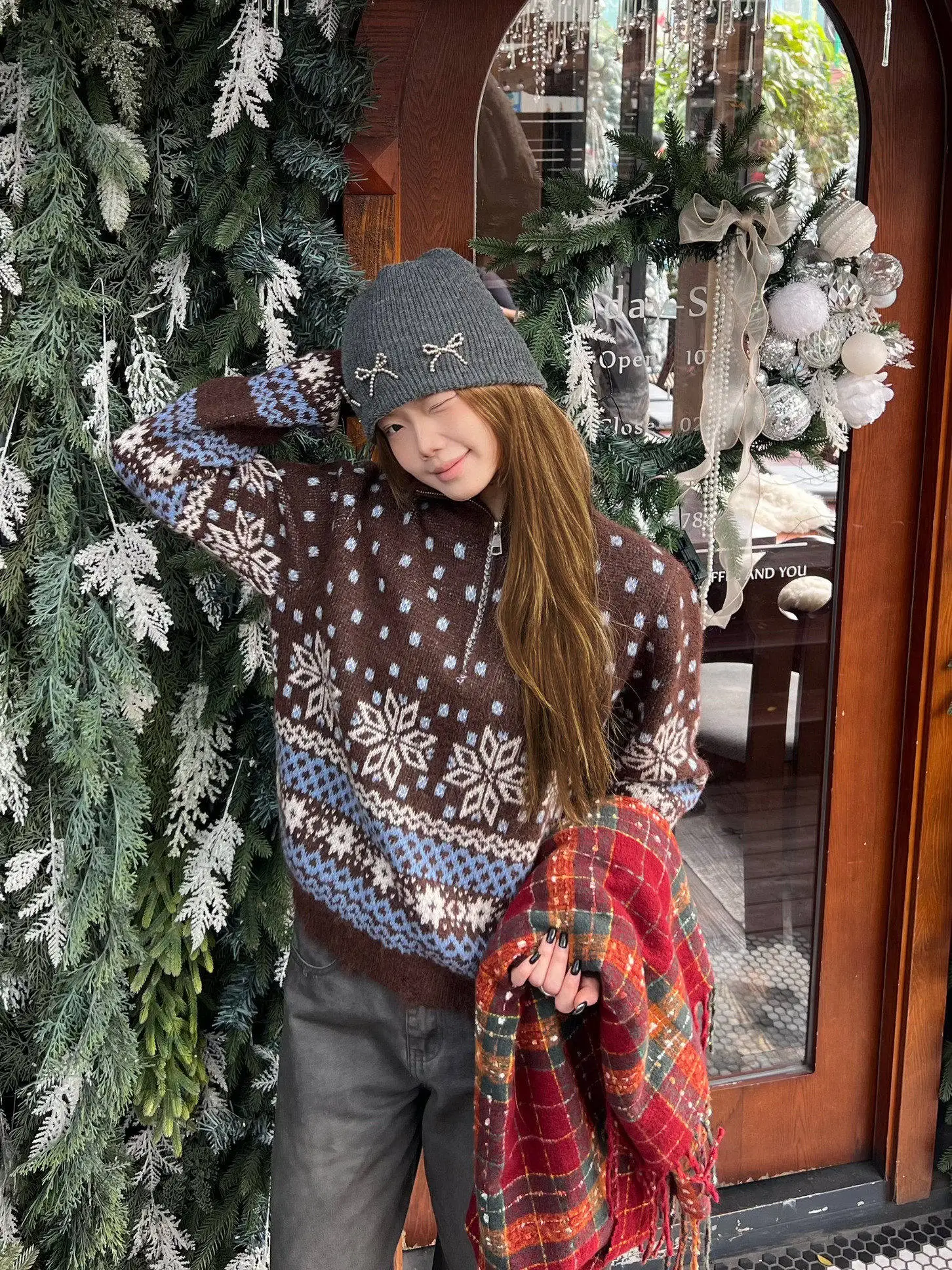 

XFX American Retro Loose Fair Isle Snowflake f Zip High Collar Sweater Women's Autumn Winter Lazy Sle Long Sve Top