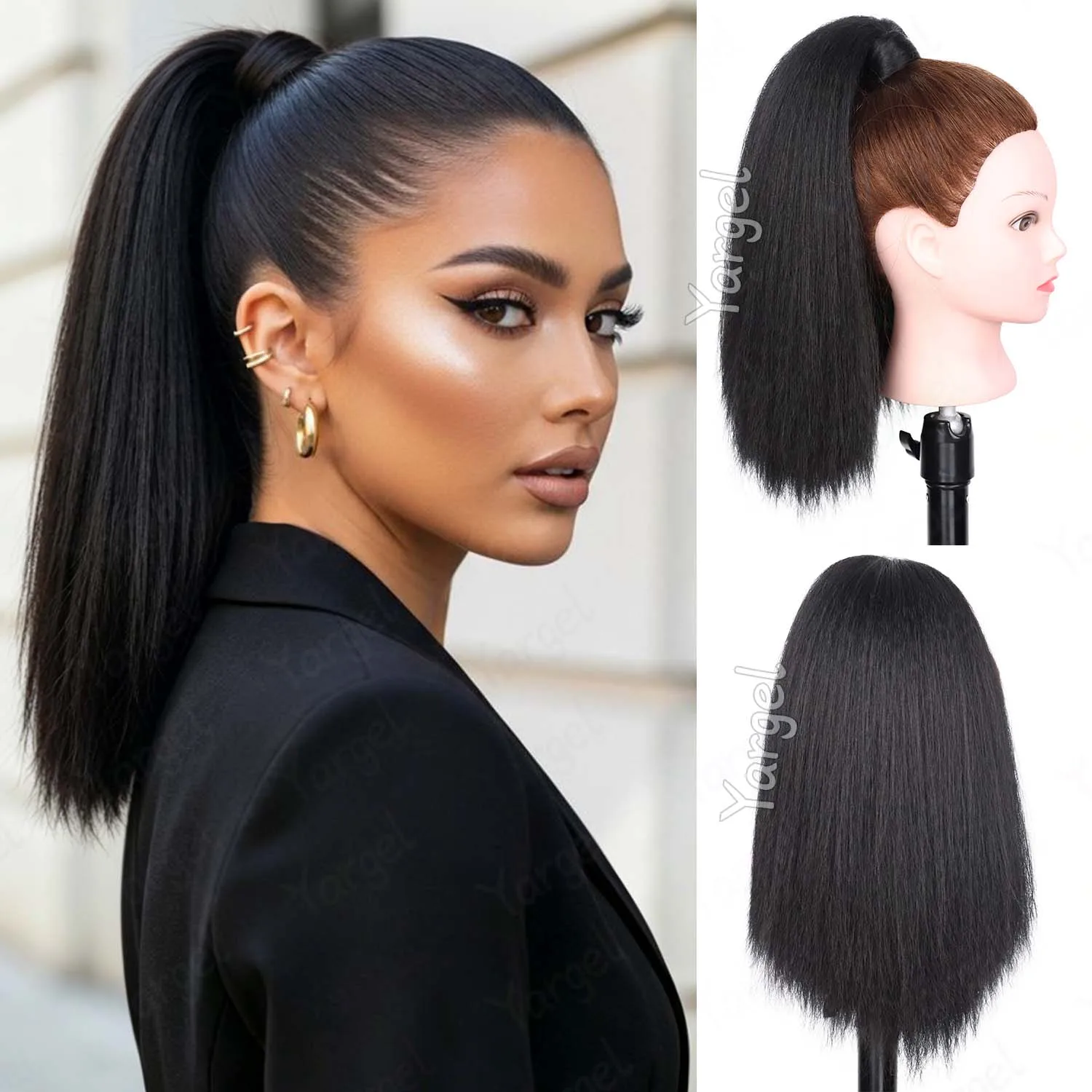 Synthetic Yaki Straight Ponytail Extension,Kinky Straight Ponytails,Wrap Around Magic Paste Yaki Ponytail for Black Women Girls