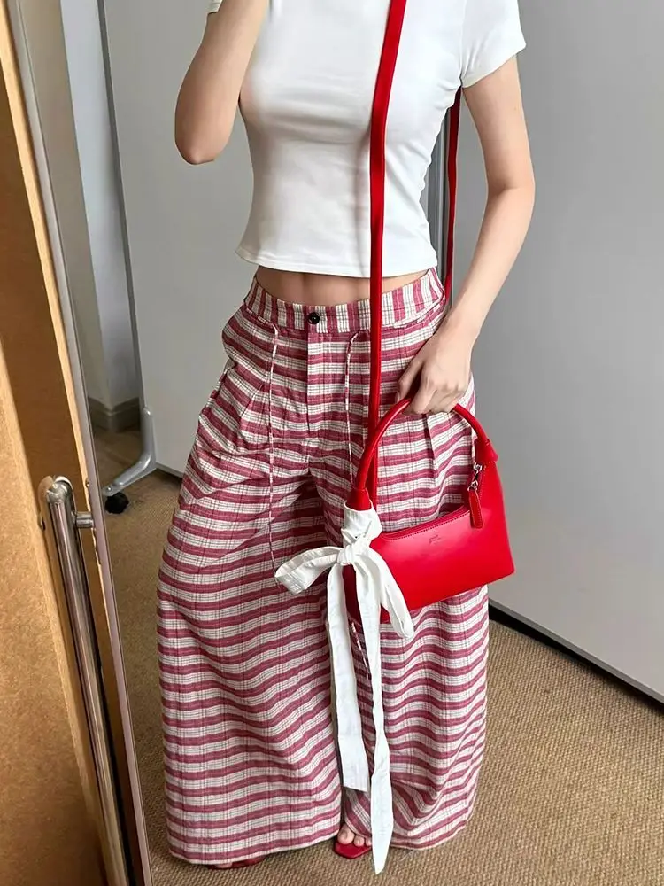 

Deeptown Striped Lace Up Oversized Women Pants Wide Leg Korean Fashion Straight Trousers Baggy Basic Casual Youthful Summer