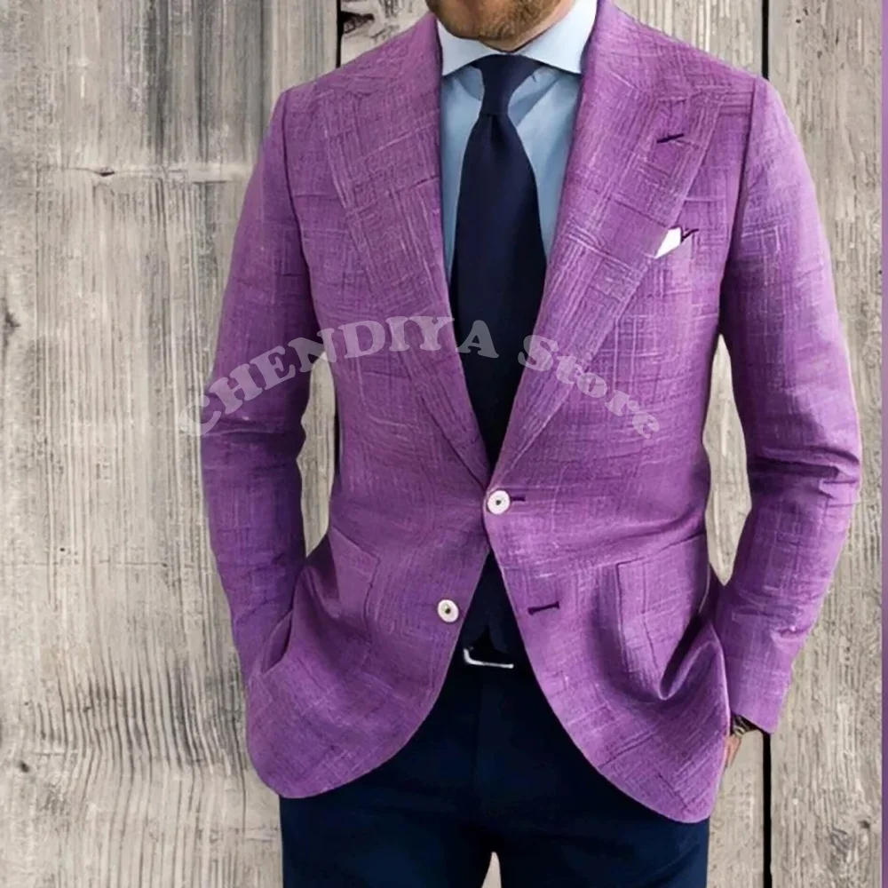 

Summer Linen Purple Coat Stylish Men's Suit 2 Piece Single Breasted Peak Lapel Wedding Party Prom Male Clothing Blazer Pants