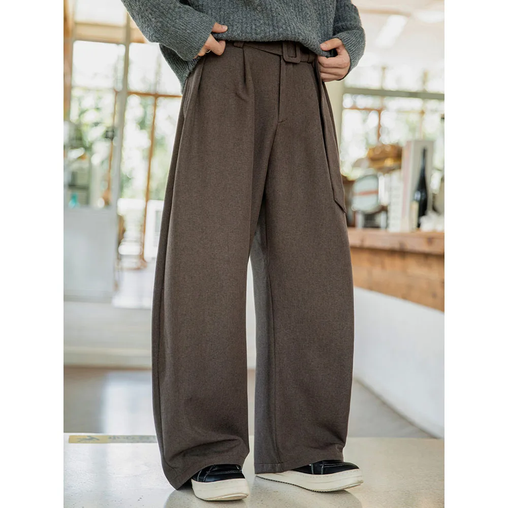 

TFETTERS 2025 Autumn Winter Retro Fleece Pants Men with Adjustable Belt Wide Leg Full Length Baggy Suit Trousers Man Clothes