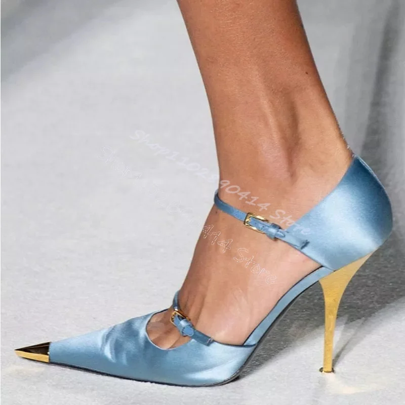 

Sky Blue Silk Pointed Toe Metal Heel Pumps Ankle Buckle Strap Women Shoes Thin High Heels Party Banquet 2024 Zapatos Para Mujere