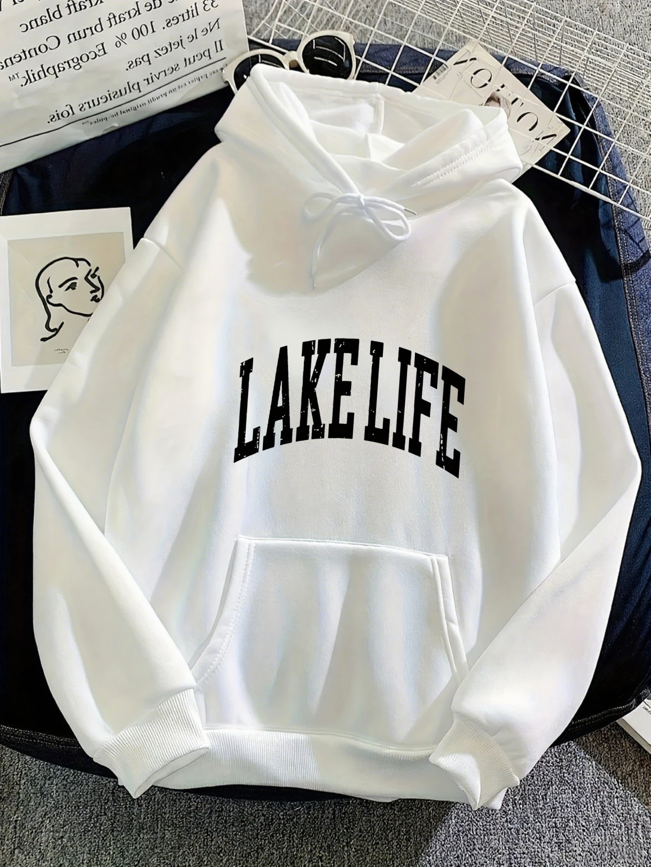 

Women'S Hoodie Sweatshirt - Lake Life Graphic Pullover Hoodie, White with Bold Black Lettering, Long Sleeve Casual Sweater