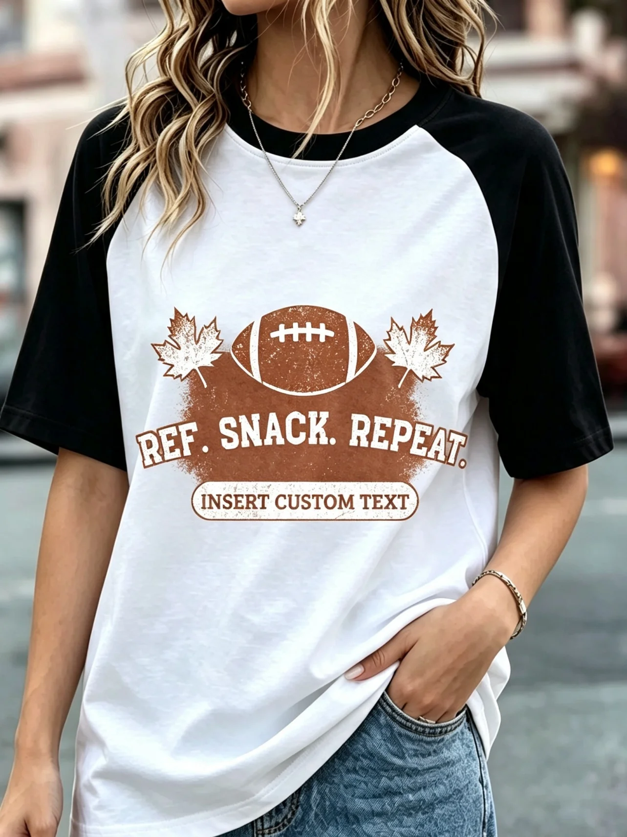 Ref Snack Repeat Custom Text Vintage Football Maple Leaf Raglan T-Shirt, Women Color Block Short Sleeve Game Day Baseball Tee
