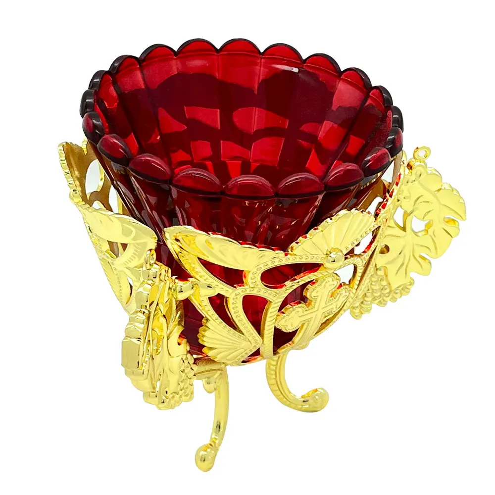 Byzantine Orthodox Vigil Lamp Gold Metal Filigree Red Glass Lampada with Cross Ornate Candle Holder for Home Altar Christian Rel