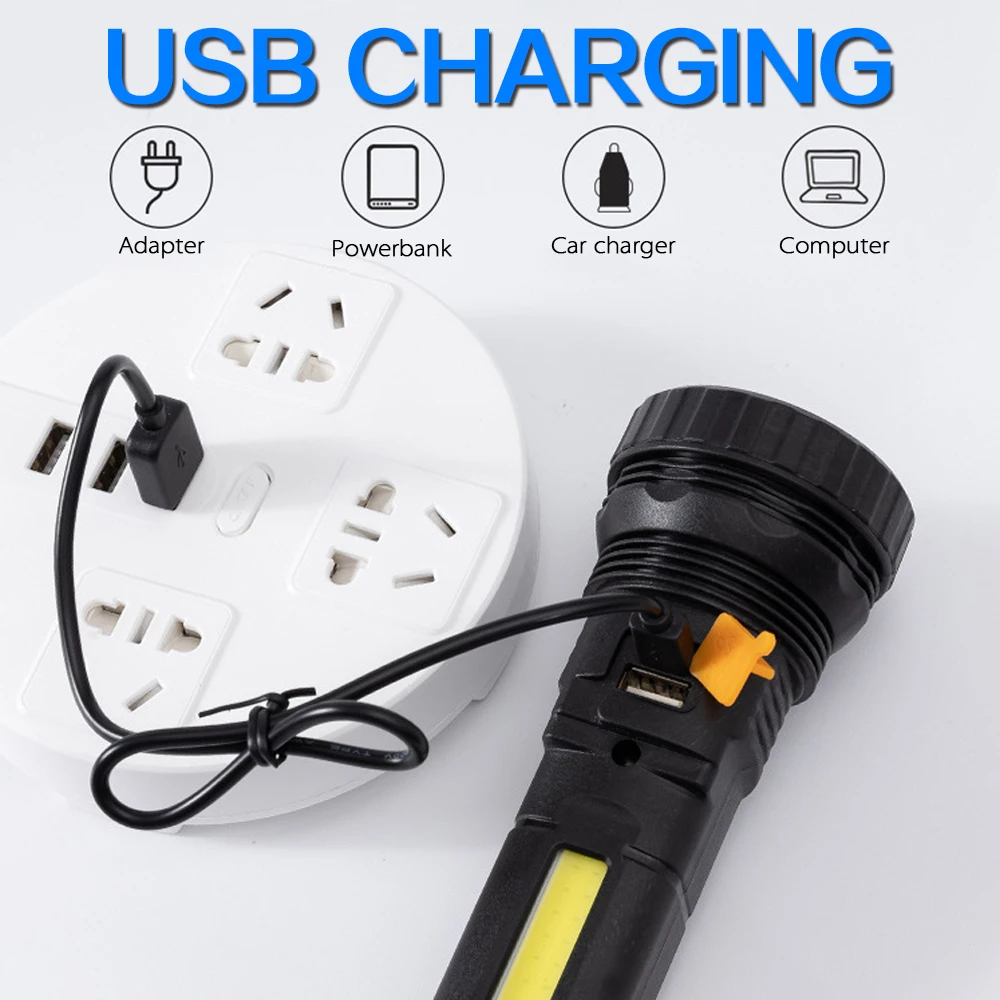 LED Solar Flashlight USB Rechargeable Flashlights with side COB Outdoor Long-range Torch Emergency Power Bank Hand Camping Lamp