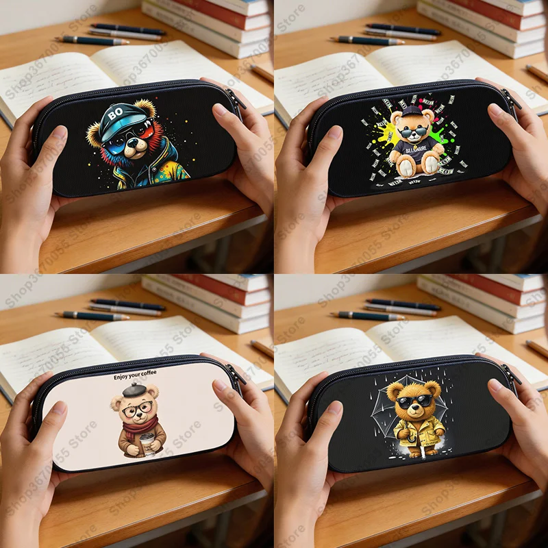 Cartoon Kawaii Bear Cosmetic Case Pencil Bag Paint Splashing Stationery Bag Large Capacity Pencil Box for Office School Supplies