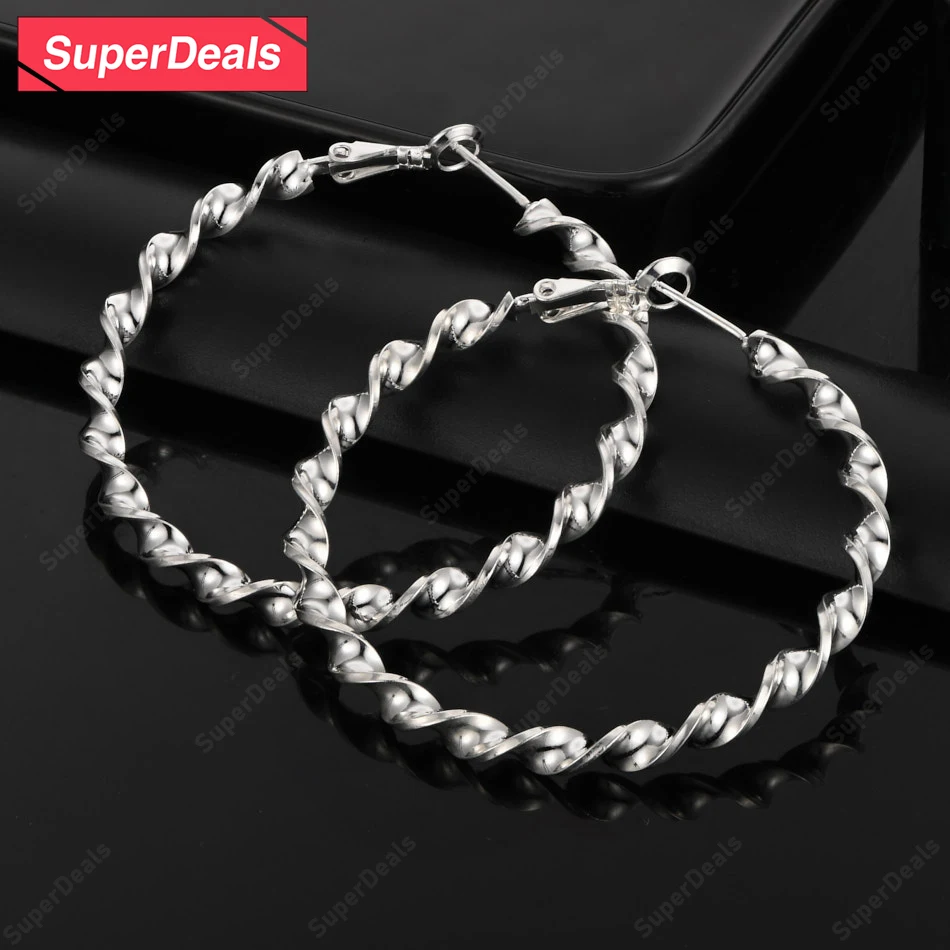 

SuperDeals 50mm 925 Sterling Silver Round Twist Hoop Earrings Women Party Fashion Pretty Earrings Charm Jewelry Birthday Gift