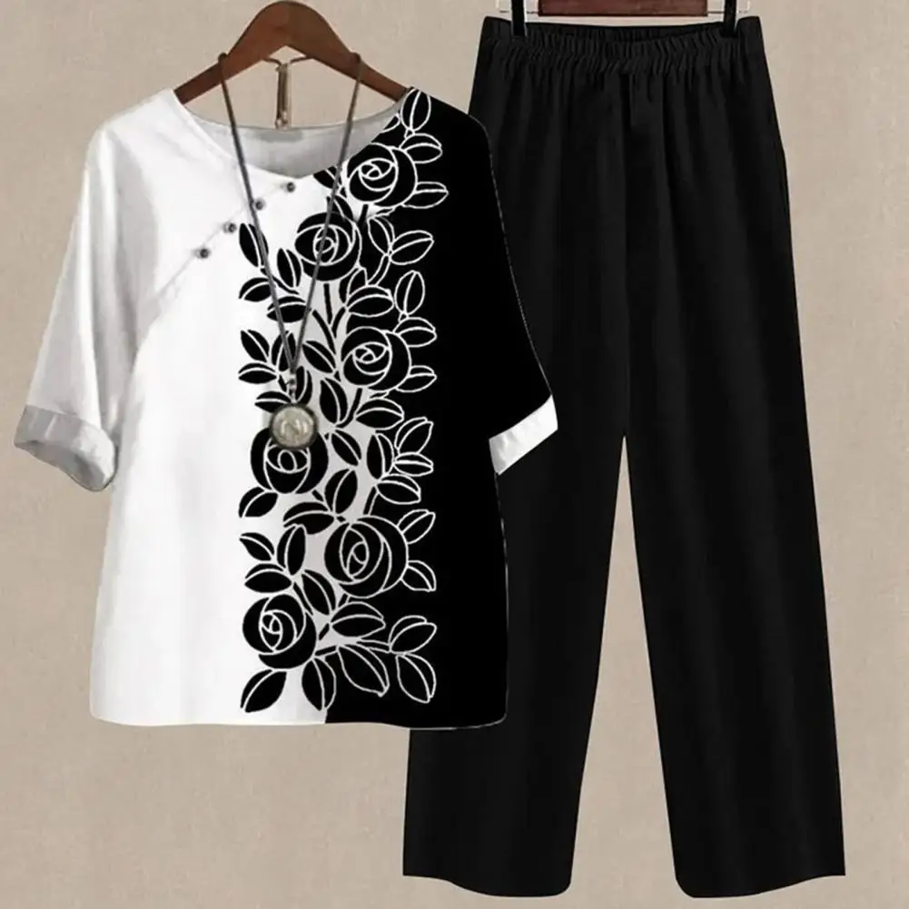 Women T-shirt Pants Set Contrast Color Floral Print Elastic Waist Loose Wide Leg Homewear Deep Crotch Summer Tracksuit