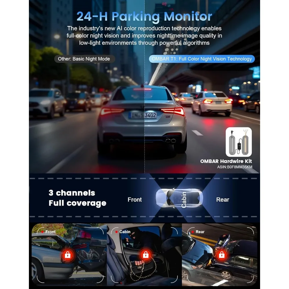 كاميرا OMBAR T1 4K ذات 3 قنوات، أجهزة استشعار STARVIS 2 IMX678، بطاقة 128 جيجابايت مجانية، رؤية ليلية HDR كاملة الألوان جديدة 2025، 4K+1080P+1080P