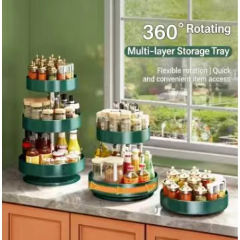 

360 ° Вращающаяся многоярусная подставка для хранения приправ, прочный кухонный органайзер для специй и масел