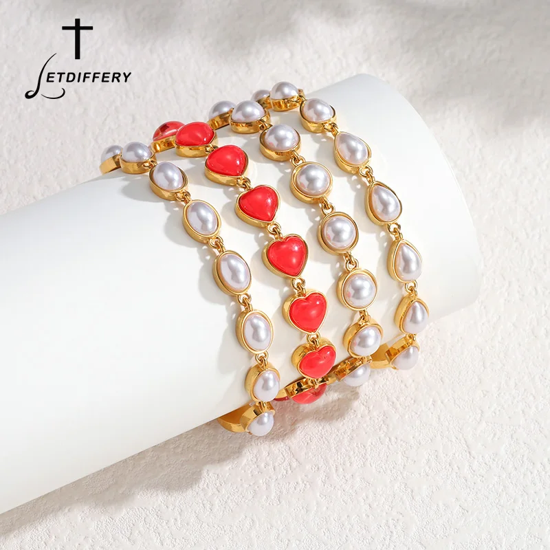 Letdiffery Vintage Oil Imitation Pearls Love Heart Chain for Women Stainless Steel Water Drop Gold Plated Trend Jewelry Gifts