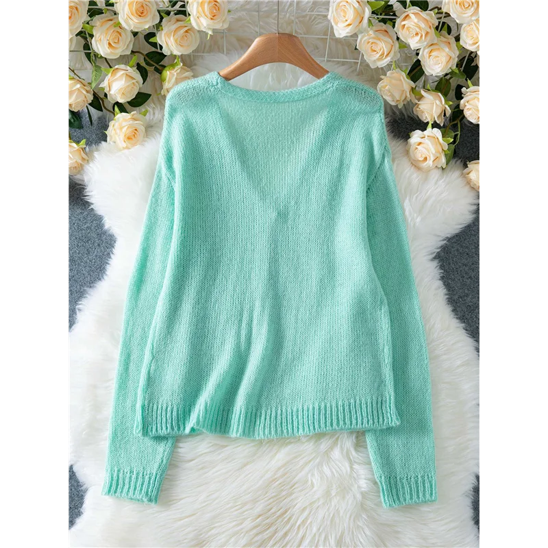 ABXF-Damen Casual V-Ausschnitt Langarm Strickjacke Herbst und Winter einfarbig Knopf Strickpullover Jacke