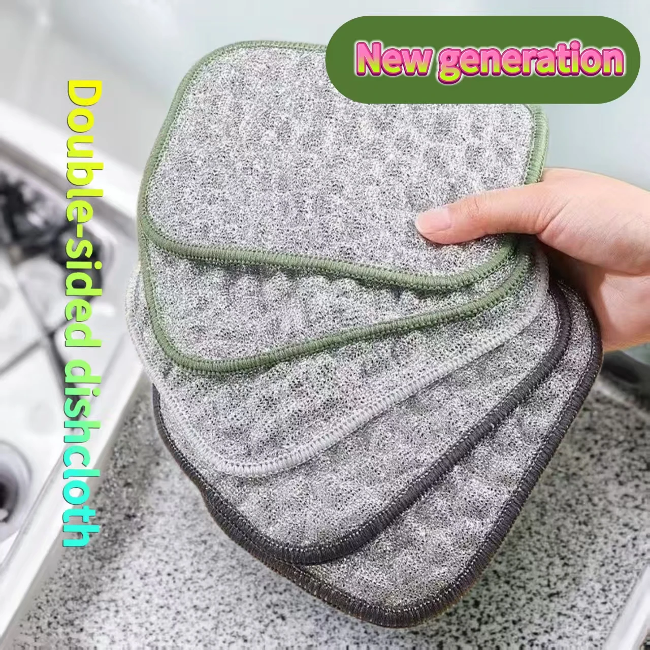 الجيل الجديد من قماش تنظيف المطبخ على الوجهين من خيط القطن والحرير الفضي قماش تنظيف وسادة تنظيف الأطباق #2