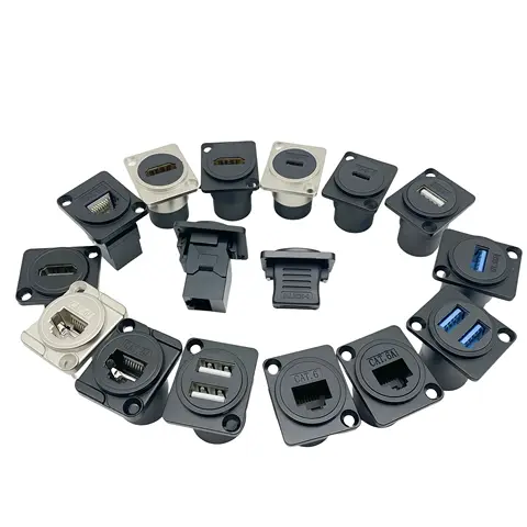 1pc Metal Round/D Type Module RJ45 CAT6&USB 2.0/3.0&Type C&HDMI-Jack Socket Through Network Panel Mounting Electronic Connector