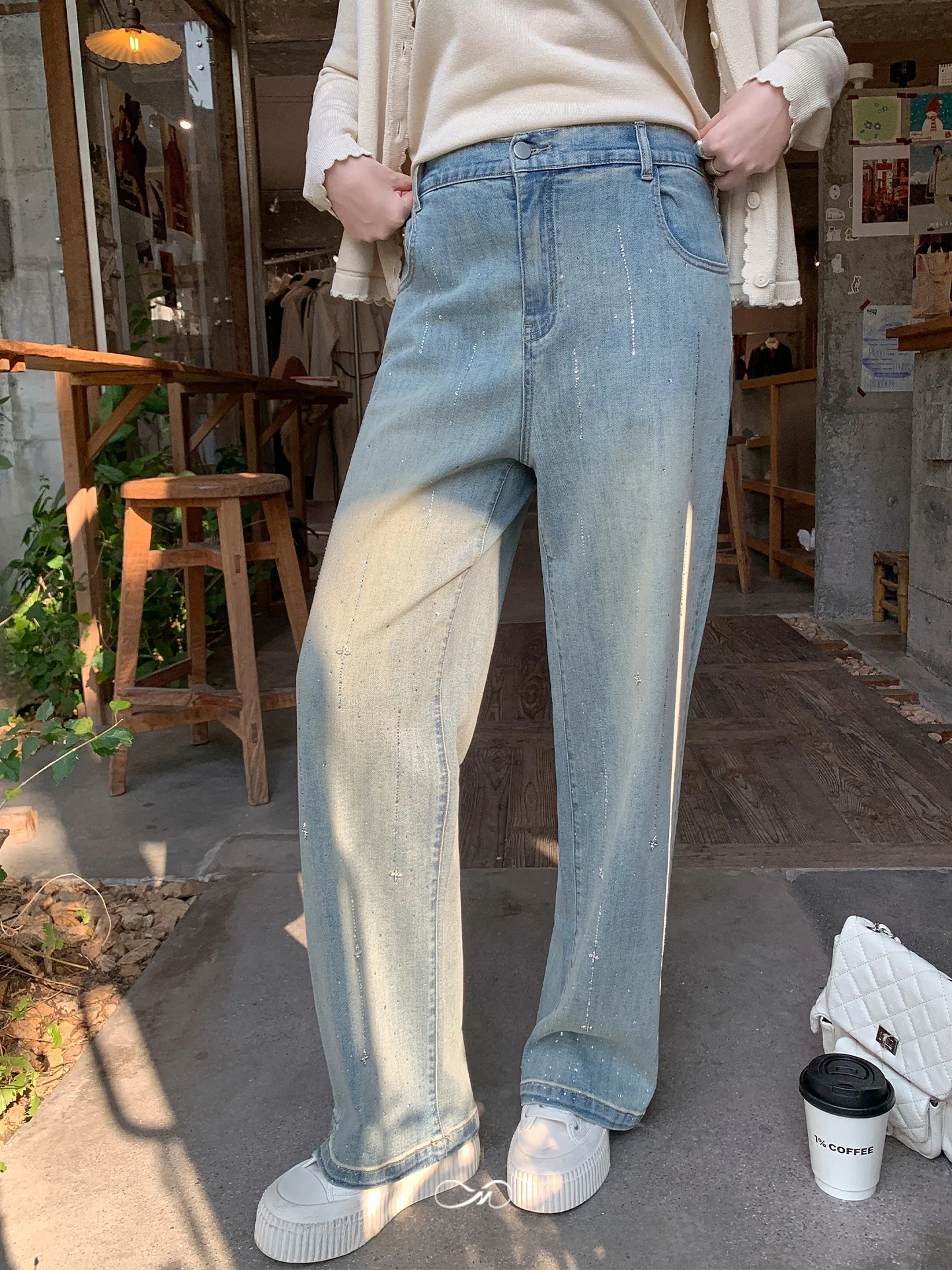 

New Arrival 224 20 Points West rican Sle Casual High Waist Cotton Jeans Rhinestone Waed out Straight Leg Denim Pants